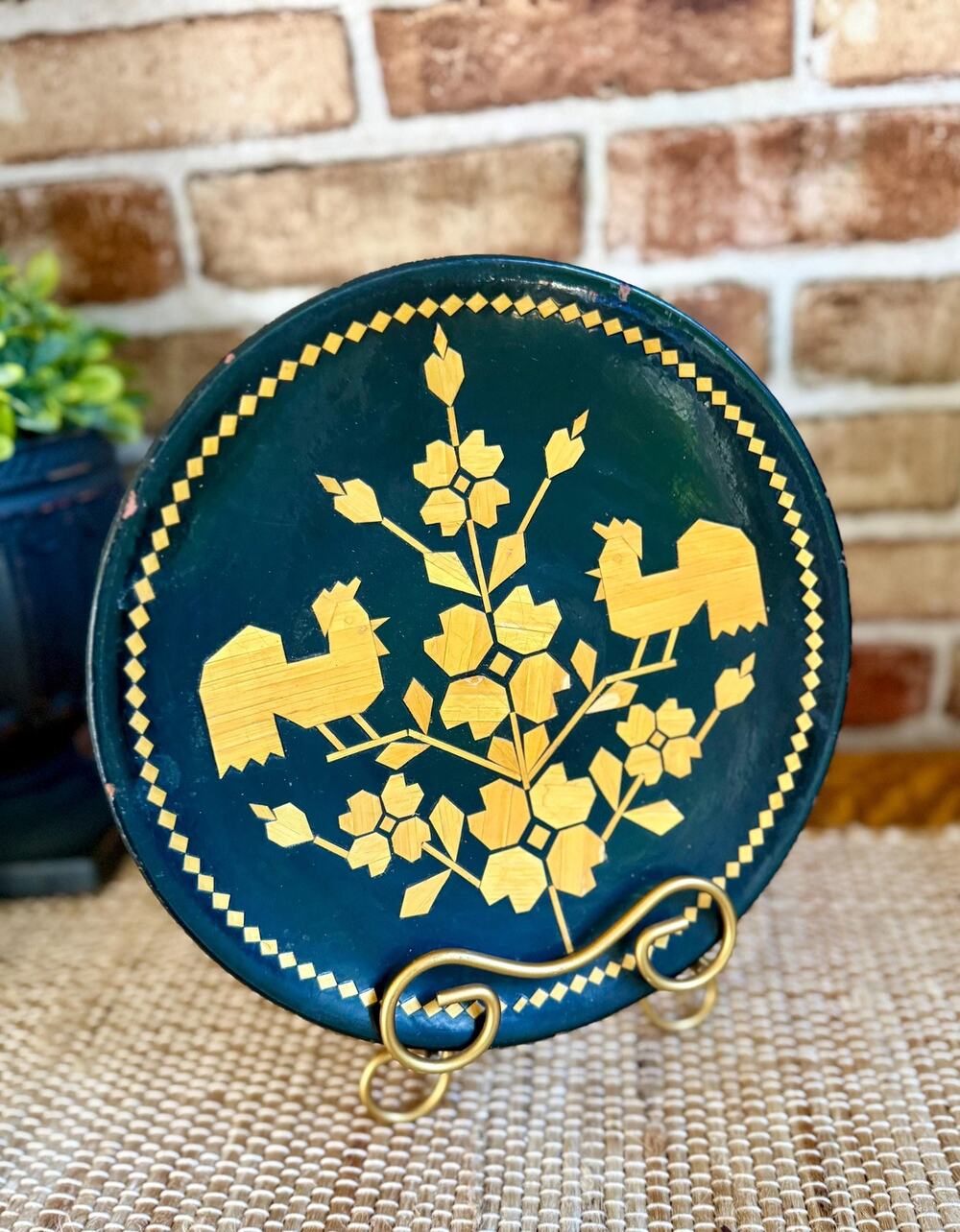Russian Straw Inlay Wall Plate | Tree of Life Roosters | Soviet Folk Art